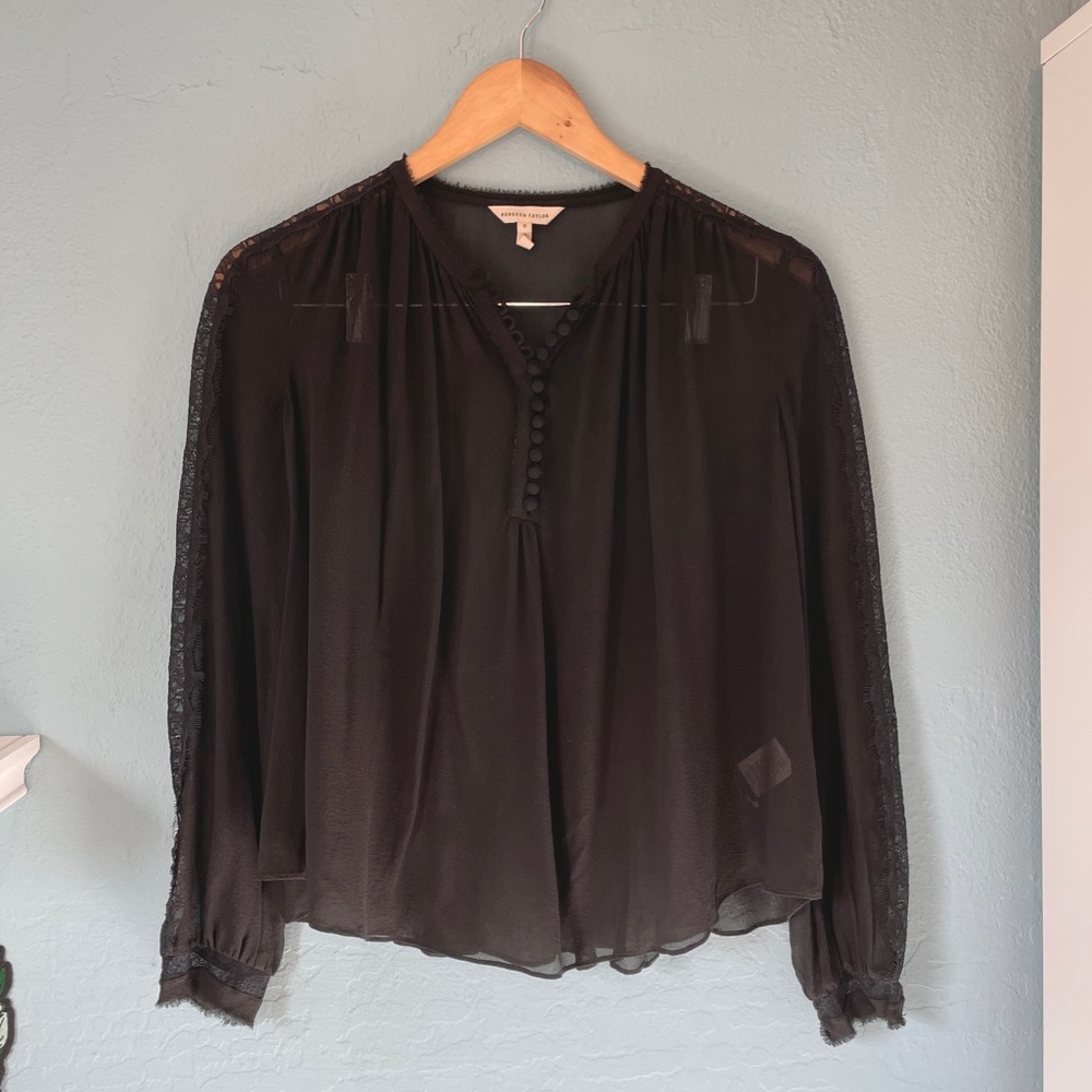 rebecca taylor lace sheer silk lace long sleeve top black button up raw hem 0